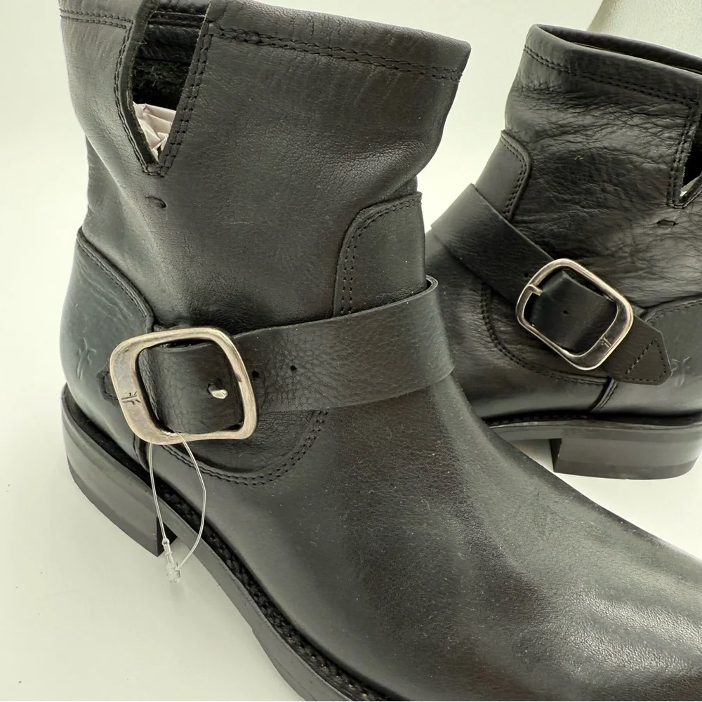 Frye Veronica Leather Moto Biker Ankle Boots Booties Buckle Black Size‎ 5.5 NWOT